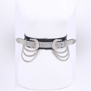 Double Buckle Silver & Black Rhinestone Western Chain Statement Belt